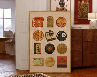 70s Trendy Collage Wall Art, Retro Poster Print, Vintage Wall Art, Digital Illustration, Disco Wall Art, 8 Ball Print, Retro Wall Art,, image 1