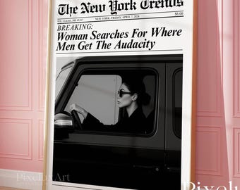 Trendy Newspaper Print, Woman Searches Men Audacity Retro Girly Wall Art, Dorm Room Poster, Magazine Newspaper Art Print for Girl Apartments, image 1