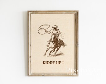 Giddy Up Western Cowboy Wall Art – Rustic Rodeo Horse Print, Country Ranch Decor, Western Boys Room, Vintage Cowboy Illustration, image 3
