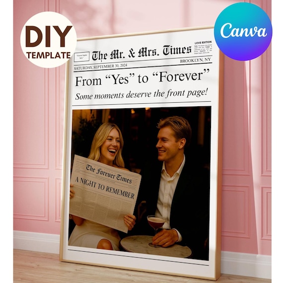Editable Wedding Newspaper Poster Canva Template