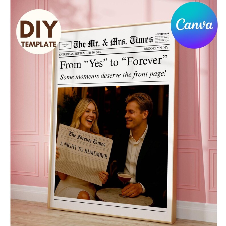 Editable Wedding Newspaper Poster Canva Template