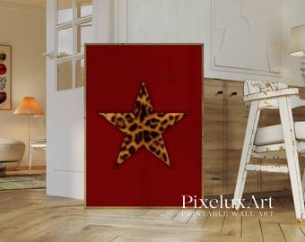 Retro Leopard Star Wall Art, Vintage Leopard Print, Red Star Girl Poster, Funky Y2K Aesthetic Print, Cheetah Girly Wall Art, image 3