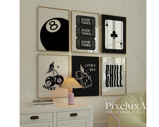 Black and White Lucky Wall Art Set of 6 - Game Room Decor…