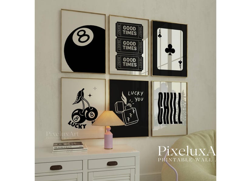 Black and White Lucky Wall Art Set of 6