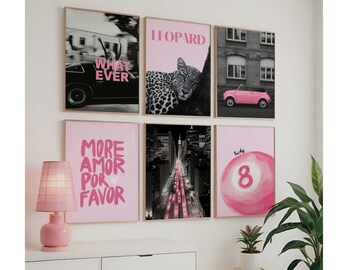 Pink Black Gallery Wall Set, Collage Apartment Print, Pink Gray Y2k Fashion Print, Pink Stylish & Cool Girl Aesthetic Art for Dorm Room, image 1
