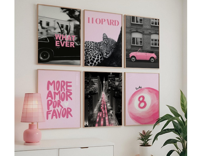 Pink Black Gallery Wall Set, Collage Apartment Print, Pink…