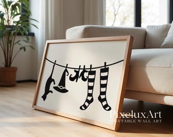 Witch Laundry Wall Art – Spooky Black Cat, Witch Hat, Shoes & Striped Socks Printable Halloween Decor, Funny Rustic Holiday Print, image 4