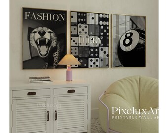 Set of 6 Trendy Black and White Gallery Wall Art, Dice, Modern Aesthetic Gallery Apartment Decor, Fashion Wall Art, Stylish Y2K Wall Art, image 3
