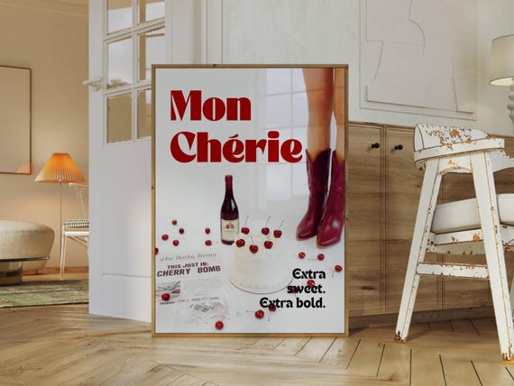 Cherry Cake Poster: Retro Mon Chérie Print for Girly Room (Digital Download