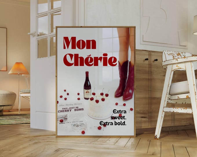 Cherry Cake Poster: Retro Mon Chérie Print for Girly Room…