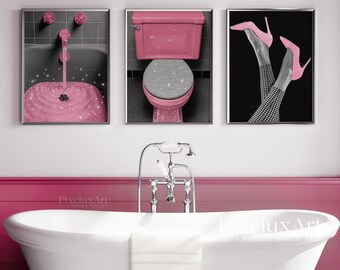 Pink Glam Bathroom Wall Art Set of 6 - Glitter Lips, High Heels & Retro Glam Prints, Funny Bathroom Wall Art Set | Cute Bathroom Posters, image 4