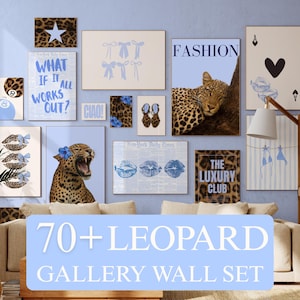 May include: A gallery wall set featuring multiple framed prints with leopard print patterns, blue accents, and various illustrations including a leopard, lips, bows, playing cards, and text such as What If It All Works Out and The Luxury Club.