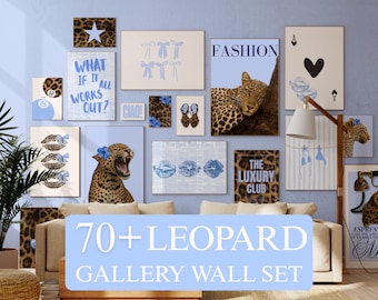 70+ Blue Y2K Gallery Leopard Wall Art Set | Cheetah Print Wall Set, Girly Aesthetic Dorm Room Decor, Trendy Aesthetic Poster Bundle, image 1
