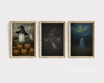 Vintage Halloween Art Prints Set: Witchy Ghosts, Skulls, Haunted House (Digital Download), image 5
