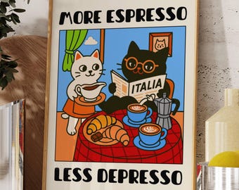 More Espresso Less Depresso Cat Poster, Cafe Cat Print, Coffee Lover Art, Black Cat Kitchen Decor, Funny Coffee Cat Wall Art, Funny Cat Art, image 3
