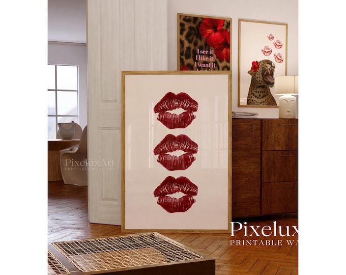 Red Kiss Lips Wall Art, Girly Fashion Chic Decor, Minimal…