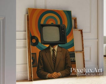 Retro TV Head Wall Art, Vintage Television Poster, Surreal Pop Art Print, 70s Nostalgia Decor, Funky Wall Art for Home or Office, Retro Art, image 3