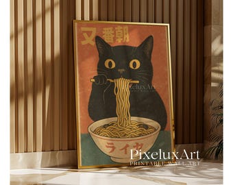 Vintage Cat Eating Ramen Poster, Noodle Illustration Art, Ramen Lover Gift, Quirky Cat Kitchen Decor, Japanese Decor, Gift for Noodle Lover, image 9