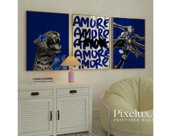 Navy Blue Poster Set, Leopard Wall Art, Amore Typography Prints, Blue Aesthetic Gallery Wall, Lips & Ace of Hearts Art, Fashion Chic Decor, image 3