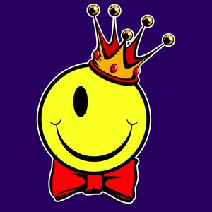 May include: A yellow smiley face wearing a red and gold crown and a red bow tie. The background is a dark purple.