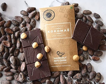 Kokomaē Bean to Bar 60% Bio-Dunkle Schokolade & Haselnuss aus feinsten Kakaobohnen aus Idukki Region - Handgefertigt Premium Made in India