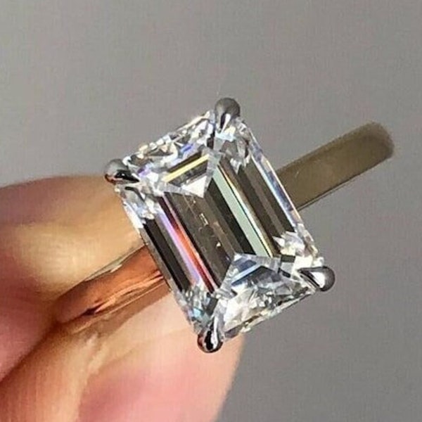 2.60 CT Emerald Cut Hidden Halo Moissanite Engagement Ring Two Tone Solitaire Ring Forever One Rings Daily Wear Rings For Women 925 Silver