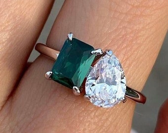 Anello di fidanzamento Moissanite con taglio radiante verde pera da 5,50 CT Anello in oro 18 carati vintage Anello nuziale Anello delicato Anello con due pietre Anello Toi Et Moi