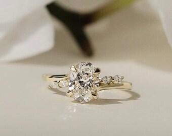 2 CT Oval Moissanite Engagement Ring 14K Solid Gold Ring Side Marquise Wedding Ring Solitaire Ring Unique Flower Shape Ring Anniversary Gift