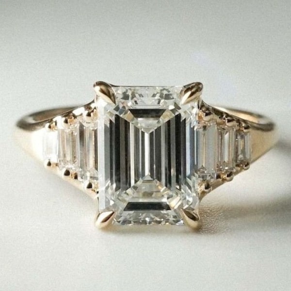 2 CT Emerald Cut Lab Grown Engagement Ring/14K Gold Ring/Art Deco Vintage Ring/Unique Diamond Promise Ring/Sevan Stone Ring/Wedding Ring
