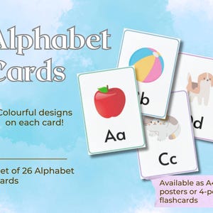 May include: Alphabet Cards with colorful designs. The image shows flashcards with the letters A, B, C, and D, each with a corresponding illustration: an apple, a beach ball, a cat, and a dog. The text says "Colourful designs on each card!" and "Set of 26 Alphabet cards."
