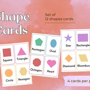May include: A set of 12 printable shape cards featuring a variety of shapes, including a square, triangle, circle, hexagon, pentagon, oval, octagon, heart, star, rectangle, diamond, and rhombus. The cards are designed for cutting out and are printed on white paper with colorful shapes and text.
