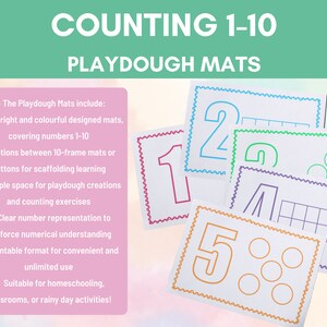 May include: A set of printable playdough mats for kids to practice counting from 1 to 10. The mats feature different activities, including 10-frame mats, number tracing, and counting objects. The mats are designed to be used with playdough, but can also be used with other materials.