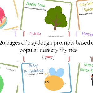 May include: A set of 26 printable playdough prompt cards featuring illustrations and instructions based on popular nursery rhymes. The cards are designed to encourage creative play and learning through playdough.