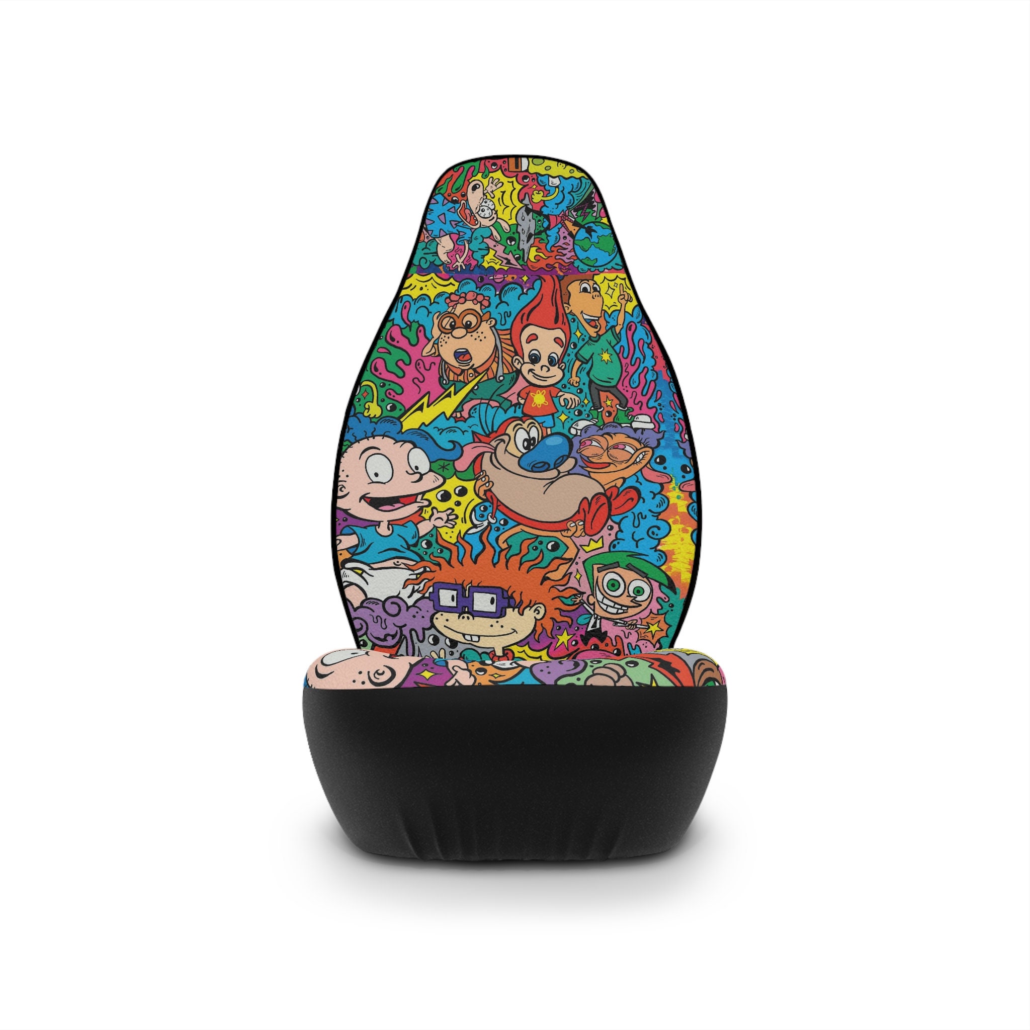90's Cool Cartoon Seat Cover, Universal, Red, Multicolor, Colorful Fun