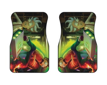 Könnte beinhalten: Ein Paar Autofußmatten mit einem grün-schwarz-roten Design mit Figuren aus der Zeichentrickserie Rick and Morty. Die Matten zeigen eine grüne und schwarze Alienfigur, die eine Waffe hält, und eine rote und schwarze Figur mit einer grünen Waffe.