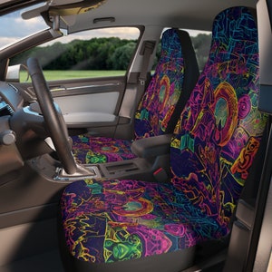 Trippy Colorful Elephant Pair of Seat Covers Multicolor Crazy Unique Design. Really Cool Car Stuff and Accessories psychedelic
