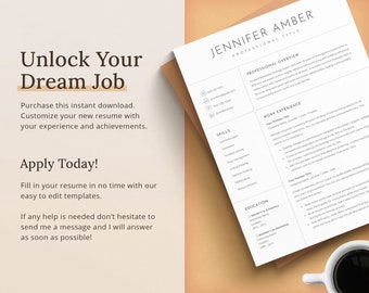 May include: A resume template with the name "Jennifer Amber" and the title "Professional Title" is displayed on a light brown surface. The text "Unlock Your Dream Job" and "Apply Today!" are visible. A cup of coffee is in the bottom right corner.