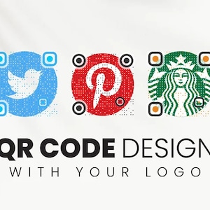 Può includere: Design di codici QR con loghi di Twitter, Pinterest e Starbucks. Il codice QR di Twitter è blu, Pinterest è rosso e Starbucks è verde. Il testo in basso recita "QR CODE DESIGN WITH YOUR LOGO."