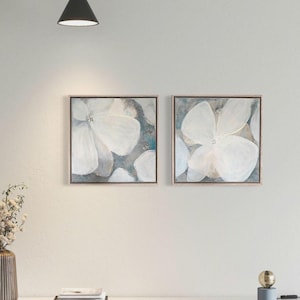 2 schilderijen, elk 50x50 cm, handgeschilderd met lijst, originele schilderijen, bloemen, modern, licht