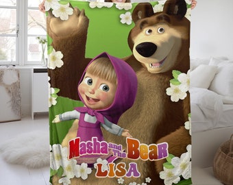 Custom Name Marsha And Bear Blanket, Cute Bear Velvet Blanket, Home Decoration, Sofa Blanket, Cute Cartoon Blanket, Movie Character NFNM68