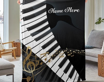 Personalized Piano Blanket, Music Blanket, Custom Name Velveteen Plush Blankets, Gift for Piano Lover BXL305