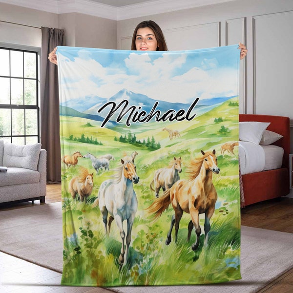 Custom Horse Blanket With Name, Horse Baby Blankets, Horse Lover Gift, Horse Throw Blanket, Horse Gift For Girl, Horse Blanket DZOP19