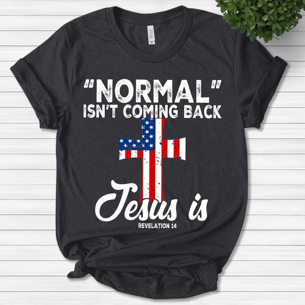 Normal Isn't Coming Back Jesus Is Tee, Revelation 14, Bible Verse Tee, Inspirational Faith Tee, Religious Gift, American Flag T Shirt DZNC27