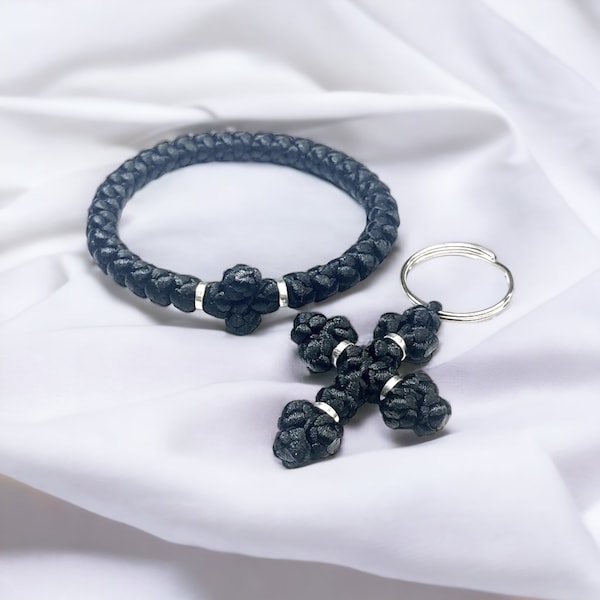 Christian Handmade Jewelry Set of Bracelet Komboskini and Key Chain with Metal Beads