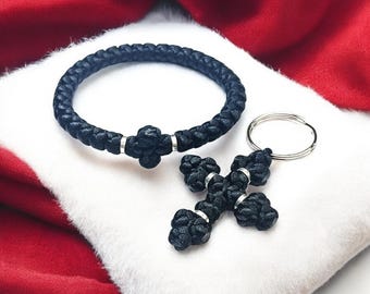 Christian handgemaakte sieradenset van armband komboskini en sleutelhanger met metalen kralen