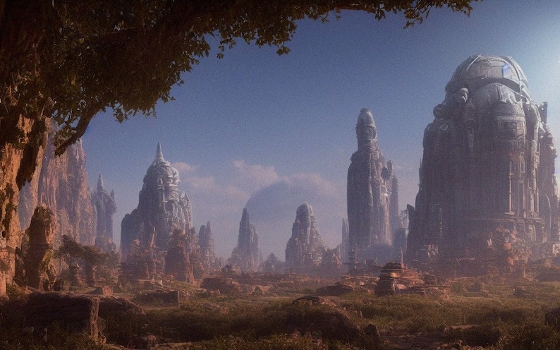 May include: A digital painting of a landscape featuring towering, ornate structures with domed and spired tops. The structures are set against a blue sky, with a foreground of rocky terrain and sparse vegetation. The scene evokes a sense of an alien or fantasy world.