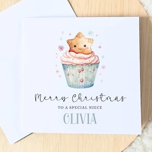 Carte de Noël personnalisée nièce, pour petite fille, carte de visite, jolies cartes pour nièces, cupcake, cartes de Noël Royaume-Uni, prénom personnalisé fait main pour tout-petit