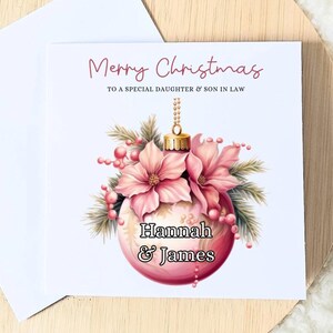 Carte de Noël personnalisée pour fille et gendre, pour fille et fils mari, cadeau de Noël fait main, carte de boules de Noël personnalisées
