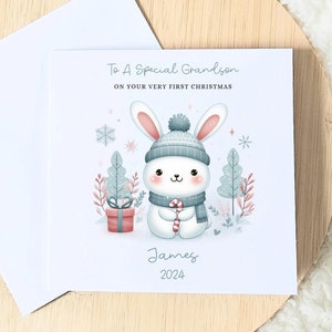 Premières cartes de Noël personnalisées pour fils, pour petit-fils. Pour neveu, premier cadeau de Noël d'un bébé, nouveau-né, bébé garçon, lapin mignon