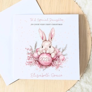 Premières cartes de Noël personnalisées pour fille, pour petite-fille. Pour nièce, premier cadeau de Noël d'un bébé, nouveau-né, bébé fille, lapin mignon